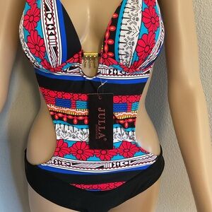 SALE  ONE-PIECE JULIA SWIM SUIT NEW/TAGS. Size LARGE. FRONT CUT OUT. HALTERTOP